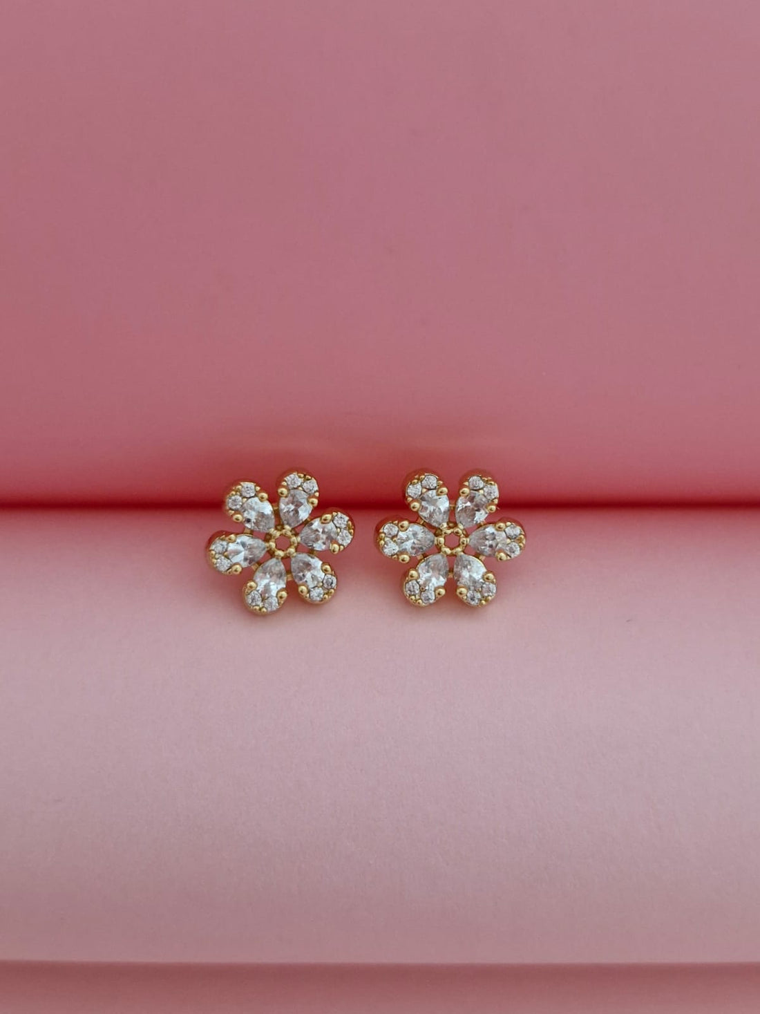 Designer Gold Plated Geometric Diamond Frame Floral Pendant with Chain & Matching Stud Earrings | American Diamond Set