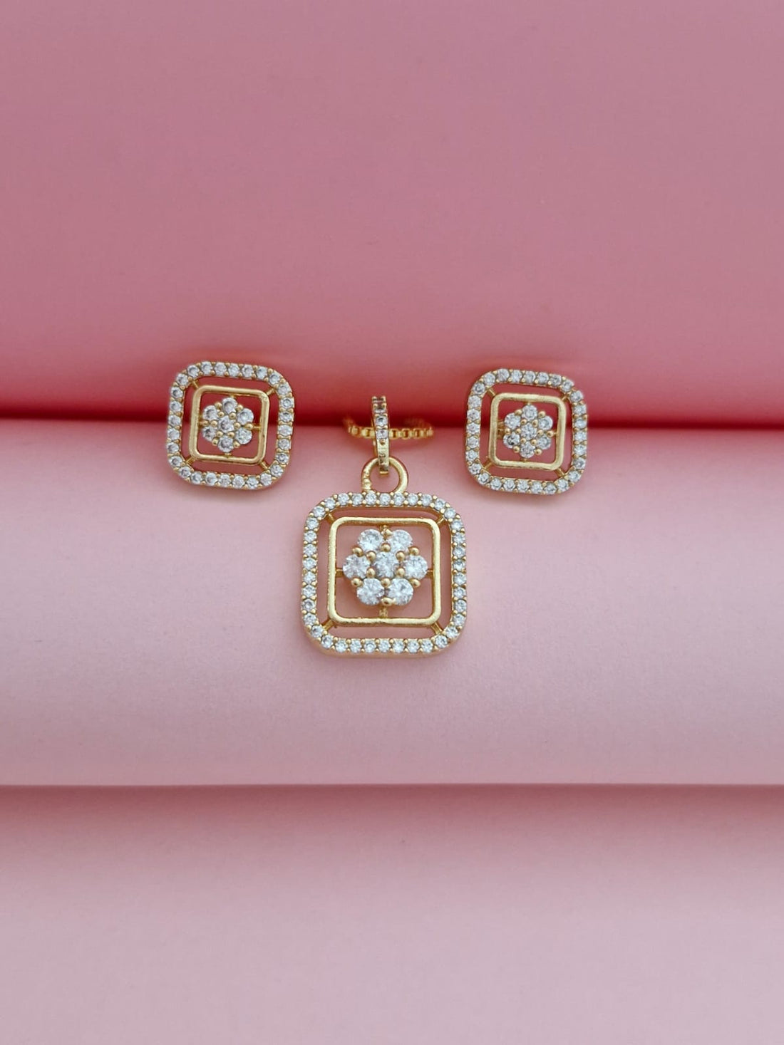 18K Gold-Plated Square Floral Halo Cubic Zirconia Pendant & Stud Earrings Set for Women