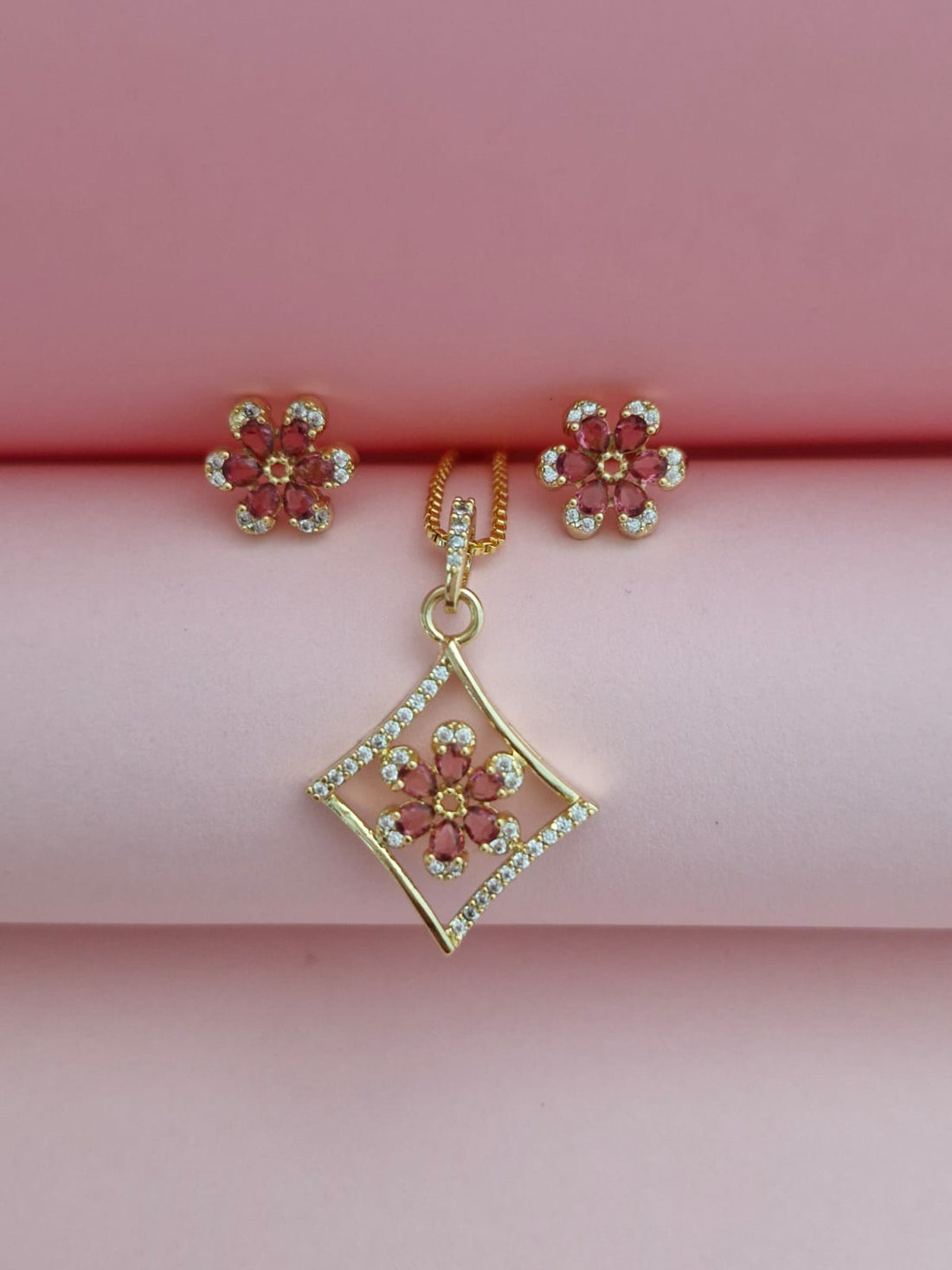 18K Gold-Plated Pink Ruby CZ Floral Diamond Frame Pendant & Earrings Set for Women