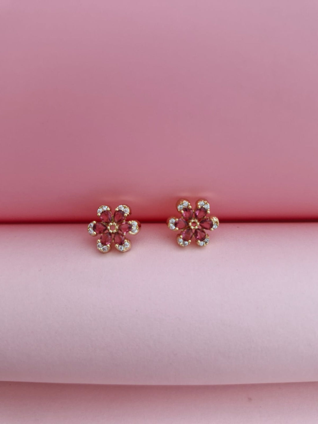 18K Gold-Plated Pink Ruby CZ Floral Diamond Frame Pendant & Earrings Set for Women