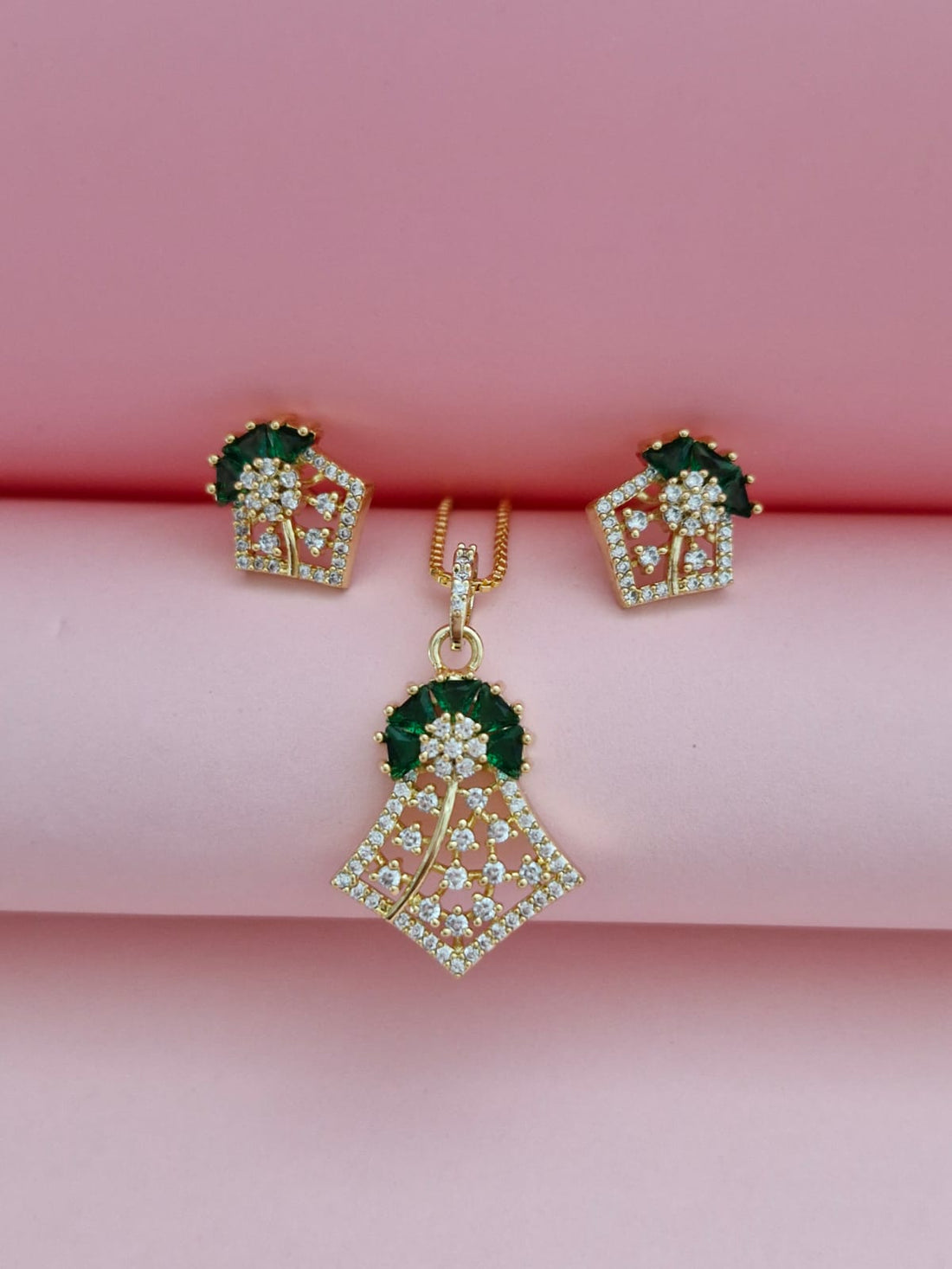 Gold-Tone Green Crystal Statement Pendant Set � Festive & Partywear Jewelry Gift