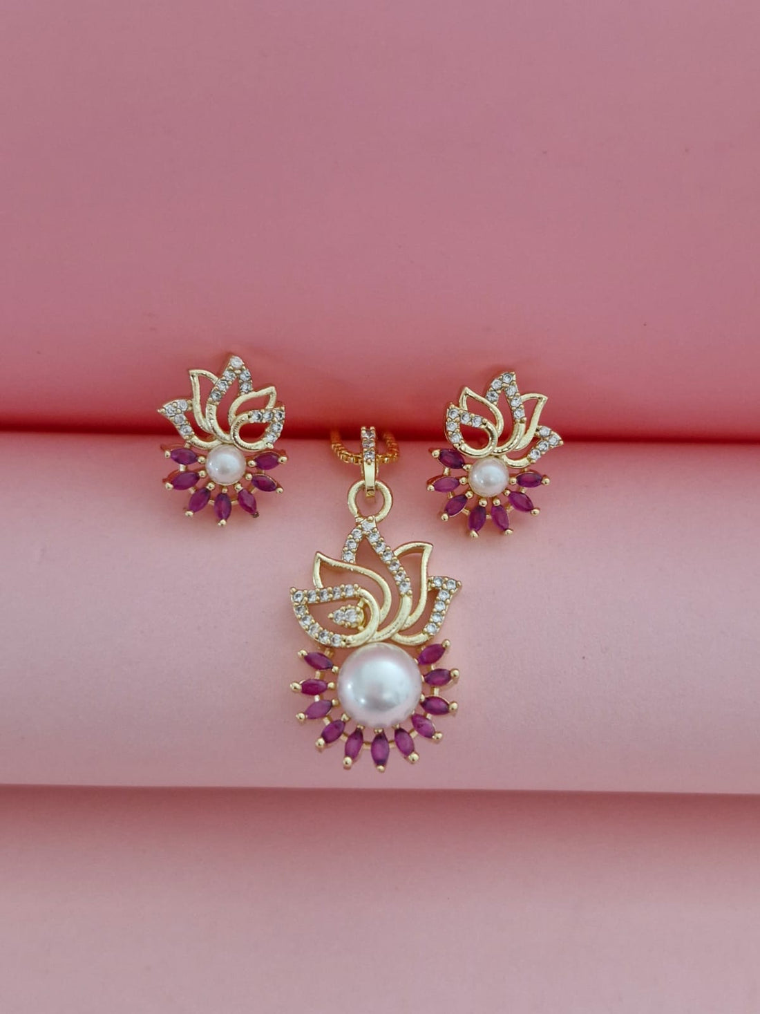 Designer Lotus Flower Pearl Pendant Set for Women | Ruby Red CZ & American Diamond Gold Jewelry