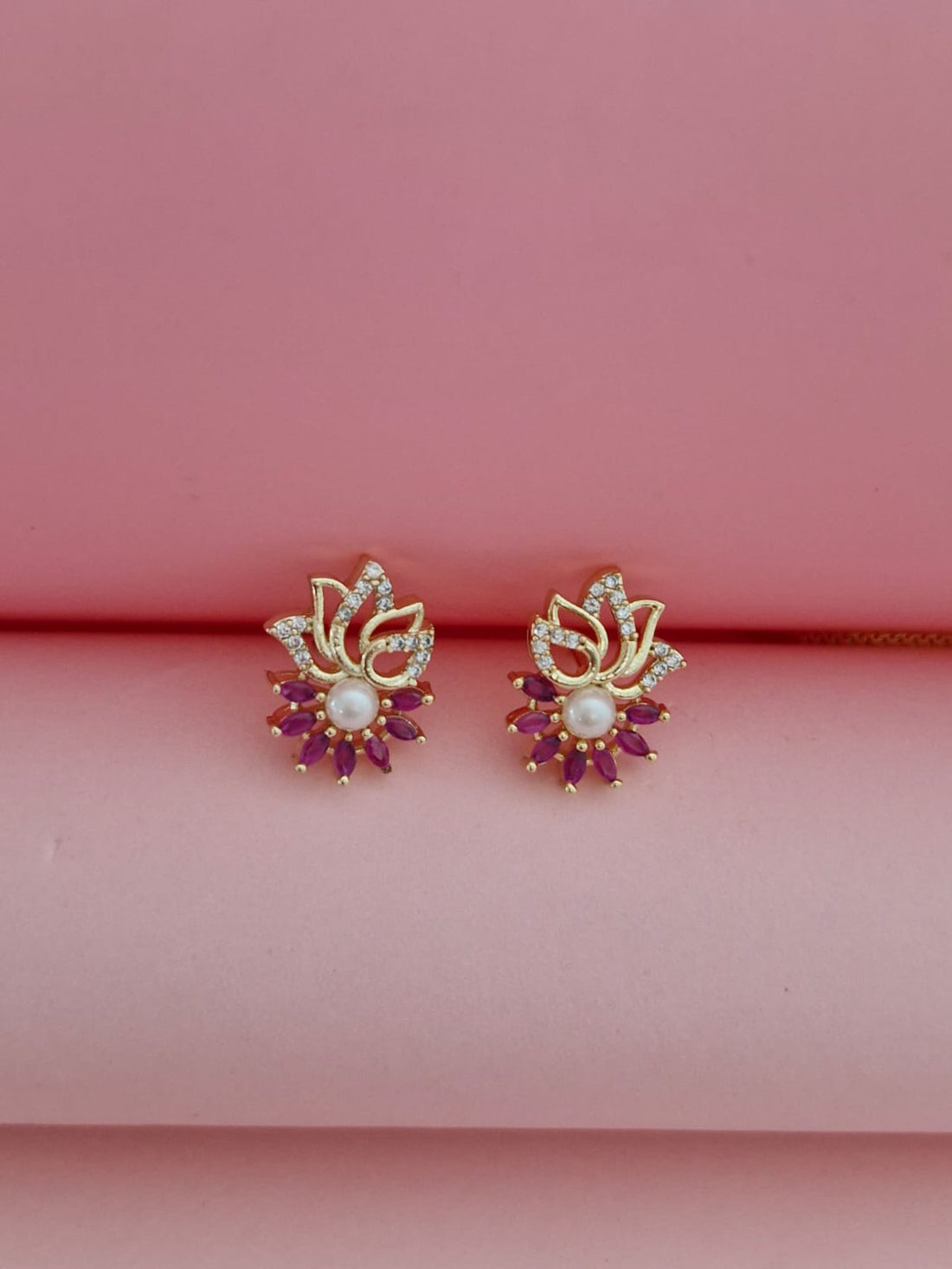 Designer Lotus Flower Pearl Pendant Set for Women | Ruby Red CZ & American Diamond Gold Jewelry