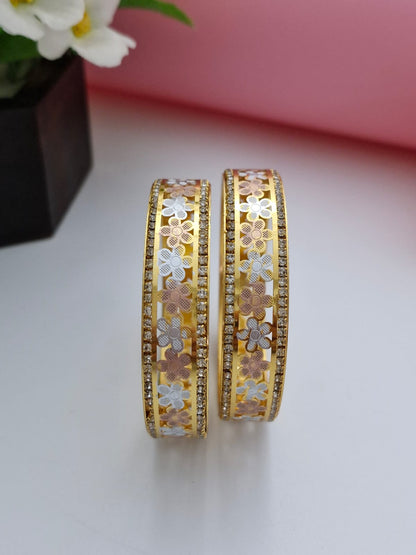 Designer Three-Tone Daisy Flower Openwork Gold Plated Bangles | 1 Pair Set of 2 for Both Hands | American Diamond Bordered Kangan