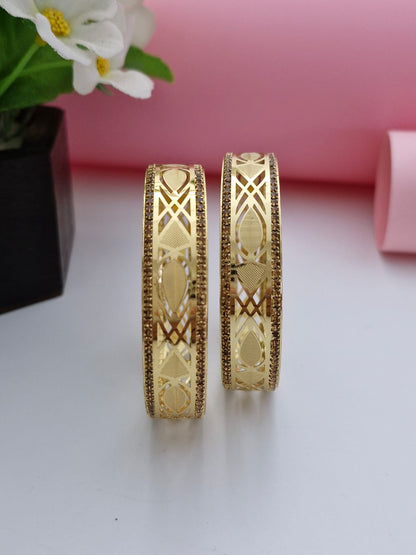 Designer 18K Gold Plated Geometric Lattice Bangles | 1 Pair Set of 2 for Both Hands | Champagne Stone Bordered Kangan Pair