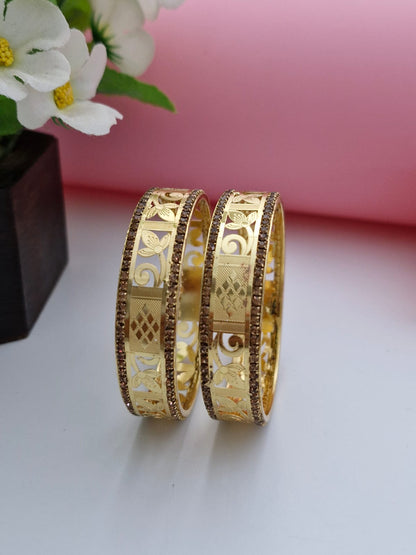 Designer 18K Gold Plated Floral Lattice Bangles | 1 Pair Set of 2 for Both Hands | Champagne CZ Bordered Traditional Kangan Pair