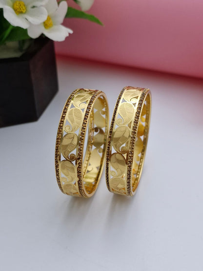 18K Gold Plated Textured Leaf Openwork Kada Bangles (1 Pair Set of 2 for Both Hands)