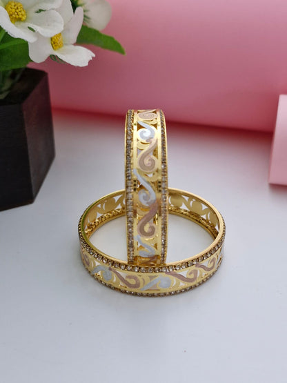 18K Gold Plated Tri-Color Filigree CZ Stone Bangles (1 Pair - Set of 2 for Both Hands)