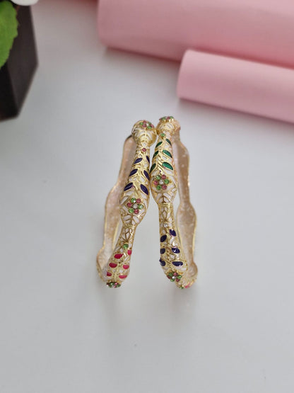 18K Gold Plated Hand-Painted Meenakari Wavy Floral Stone Bangles (1 Pair - Set of 2 for Both Hands)