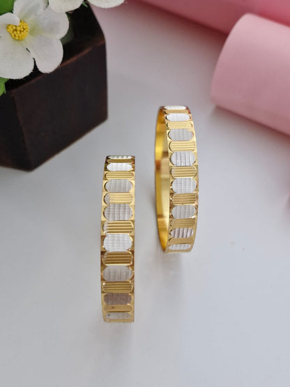 18K Gold Plated Two-Tone Laser Cut Flat Kada Bangles (1 Pair - Set of 2 for Both Hands) | Gold & Silver Rhodium Polish Daily Wear Bangle Set