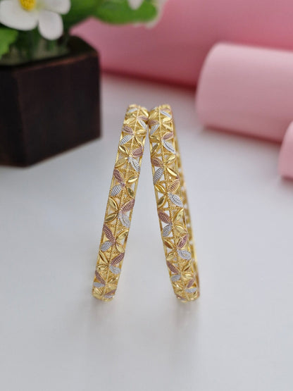 18K Gold Plated Three-Tone Floral Filigree Bangles (1 Pair - Set of 2 for Both Hands) | Tri-Tone Gold, Silver & Rose Gold Polish Cutwork Bangles