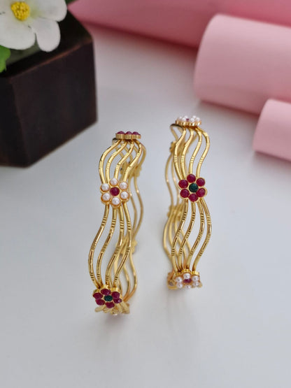 18K Gold Plated Wavy Wire Floral Motif Bangles (1 Pair - Set of 2 for Both Hands) | Pearl & Ruby Gemstone Studded Ethnic Kada Set