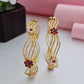 18K Gold Plated Wavy Wire Floral Motif Bangles (1 Pair - Set of 2 for Both Hands) | Pearl & Ruby Gemstone Studded Ethnic Kada Set