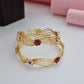 18K Gold Plated Wavy Wire Floral Motif Bangles (1 Pair - Set of 2 for Both Hands) | Pearl & Ruby Gemstone Studded Ethnic Kada Set