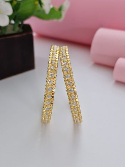 18K Gold Plated Geometric Honeycomb Textured Two-Tone Bangles (1 Pair - Set of 2 for Both Hands) | Gold & Silver Rhodium Polish Thin Bangle Set
