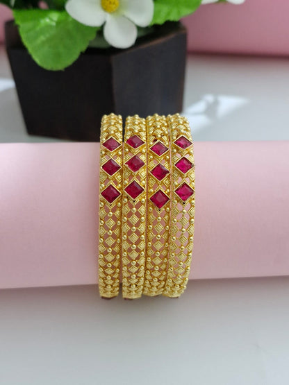 18K Gold Plated Ruby Pink Square Stone Openwork Mesh Kangan | Set of 2 (1 Pair Set for Both Hands)