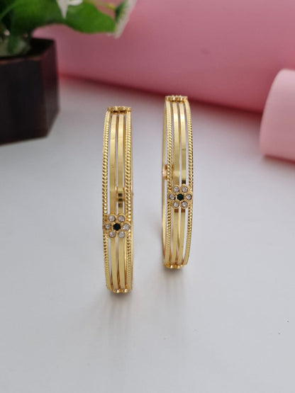 18K Gold Plated Multi-Strand Wire CZ & Emerald Floral Cluster Bangles (1 Pair - Set of 2 for Both Hands) | Delicate Gold-Plated Bangle Set