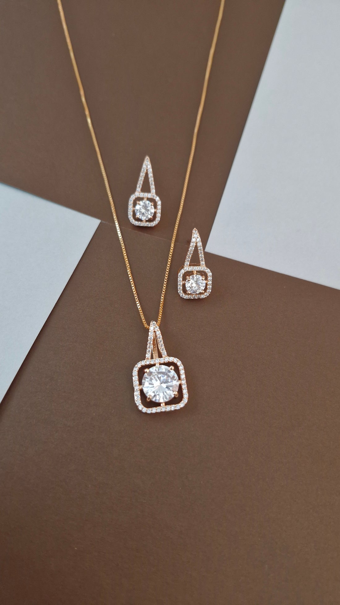 Rose Gold-Tone Floating Solitaire Halo Pendant Set