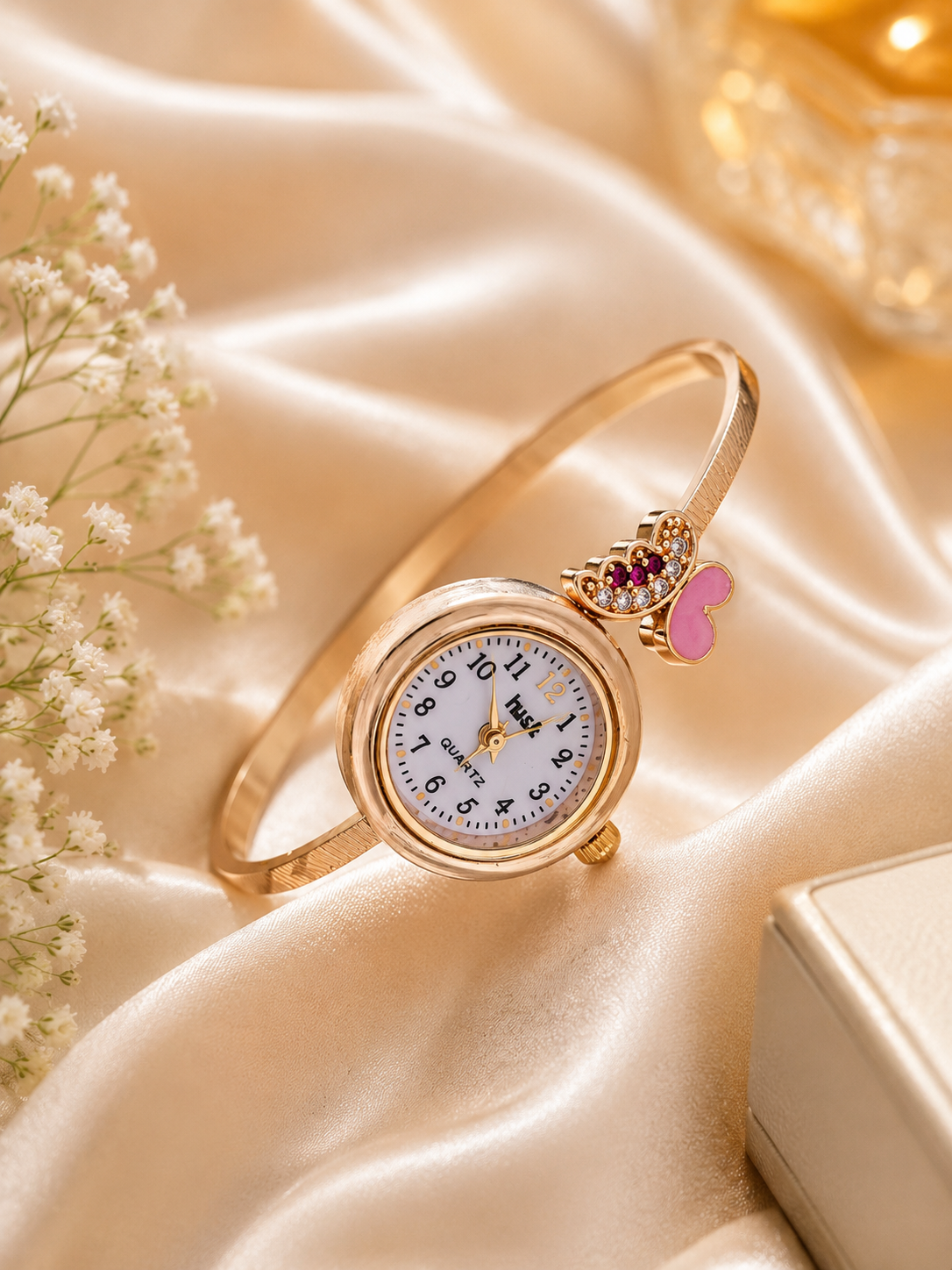 Ridhivam Pink Butterfly Gold-Plated Bangle Watch | Premium Demi-Fine Cuff Timepiece