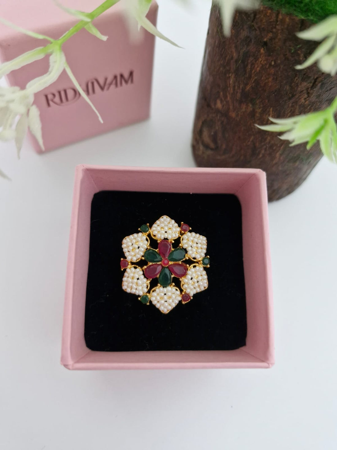 Royal Heritage Ruby & Emerald Guttapusalu Seed Pearl Statement Ring
