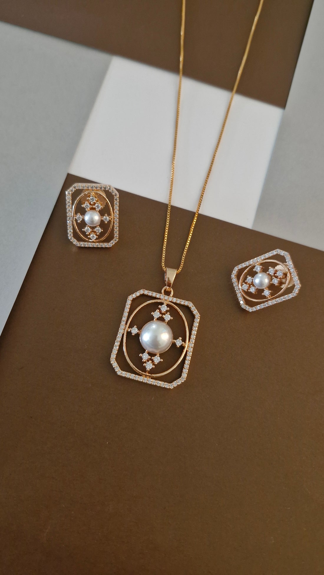 Rectangular CZ & Central Pearl Necklace Set
