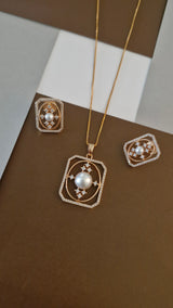 Rectangular CZ & Central Pearl Necklace Set