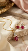 Pink American Diamond Pendent Set With Gold Plated Chain For Women