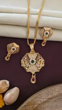 Gold Moti And Diamond Work Pendant Set For Women
